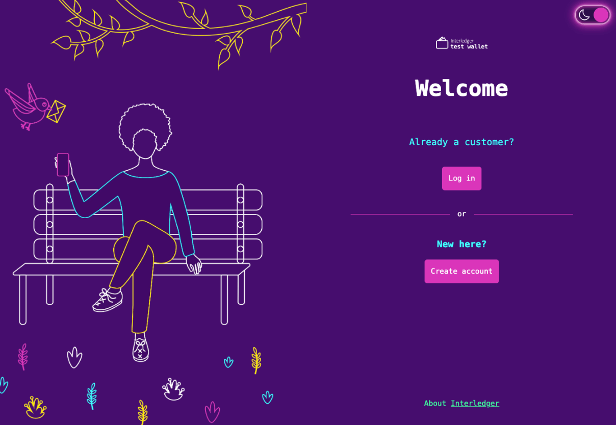 Login page for redesigned Test Wallet in dark mode
