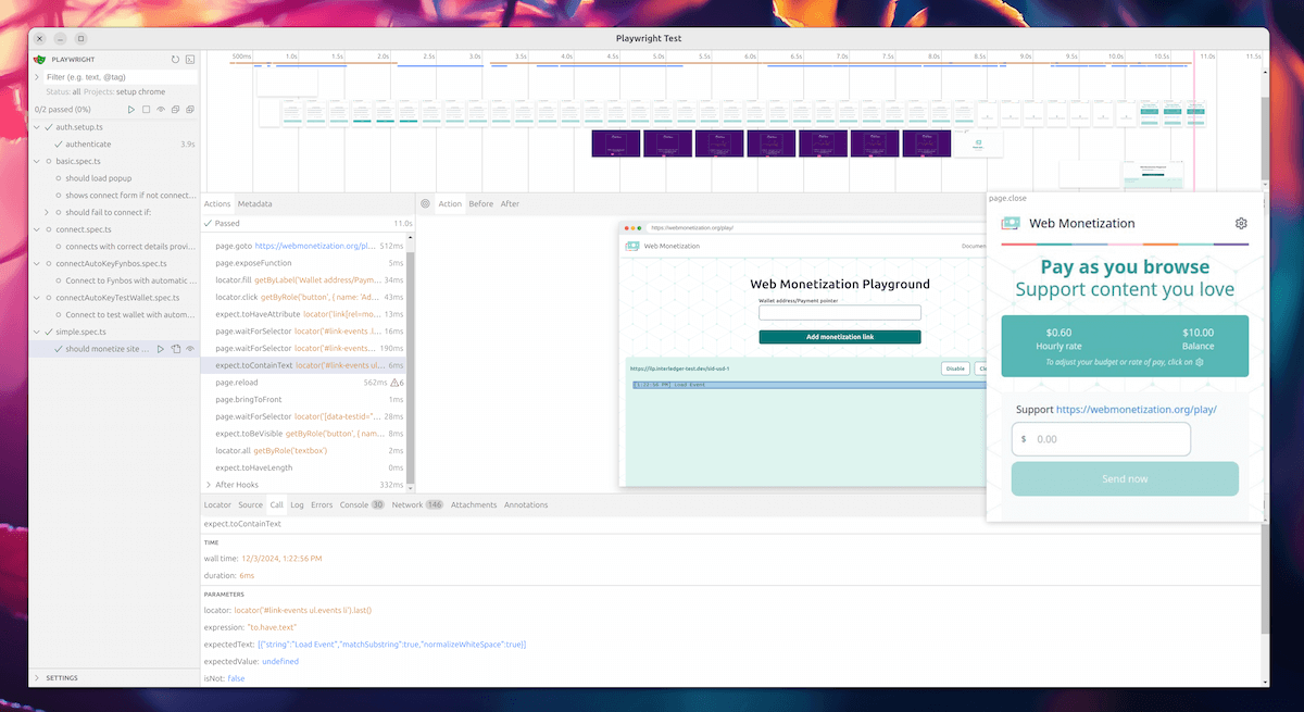 Playwright UI while testing the Web Monetization browser extension