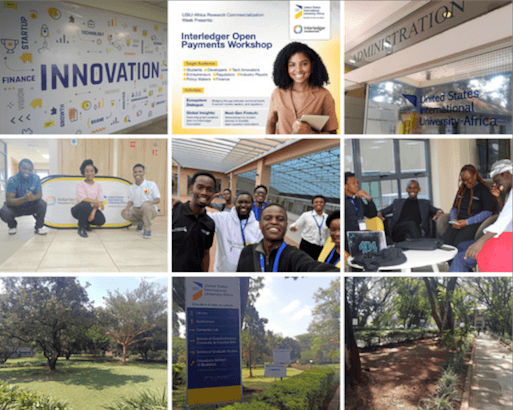 Collage of USIU-Africa workshop participants, campus landscapes, and event banners.