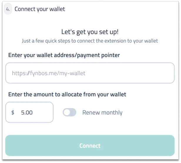 A screenshot showing a configuration step for the Web Monetization extension.