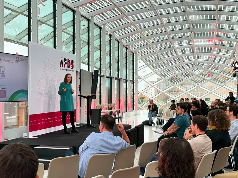 Sabine Schaller speaking on stage at the Ad Filtering Dev Summit '23