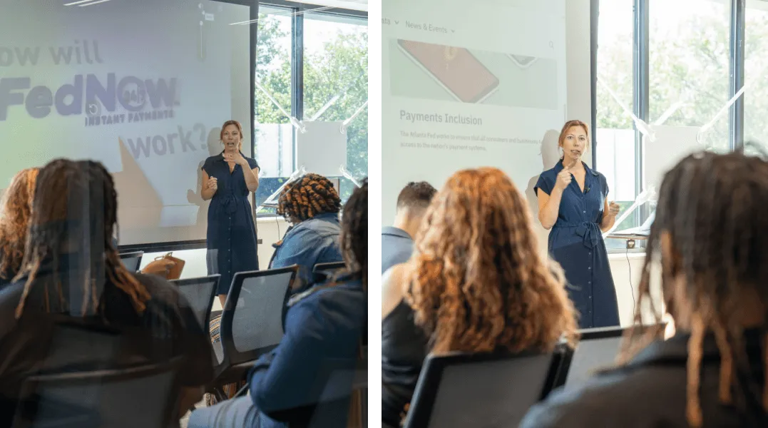 Collage of two photos of Jessica Washington, Payments Research at the Federal Reserve Bank of Atlanta, speaking about modern financial infrastructure and the future of digital payments.