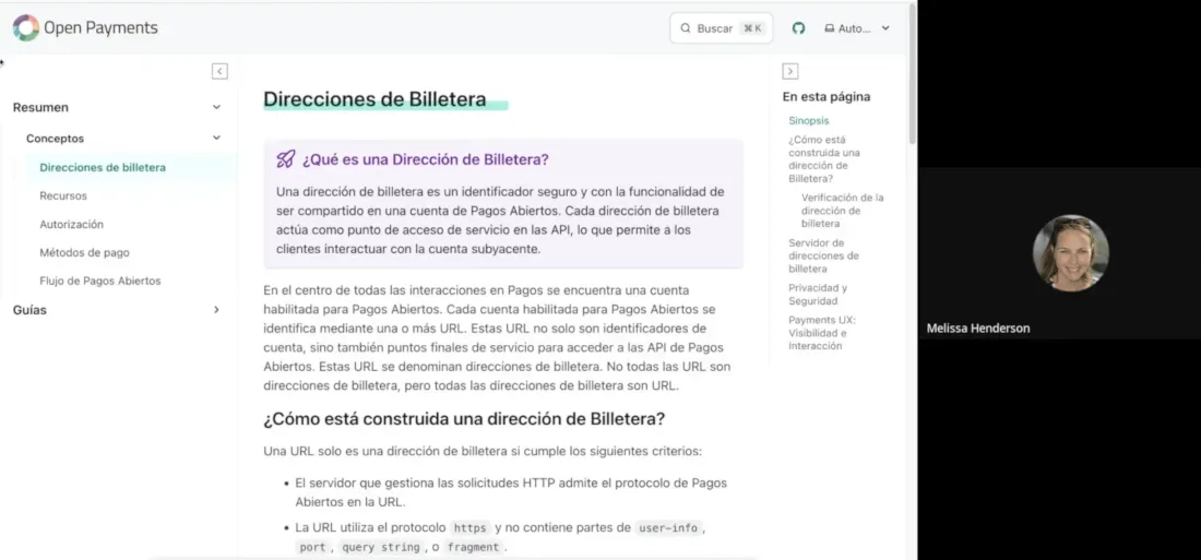 Slide presentation of an Open Payments documentation page translated into Spanish.