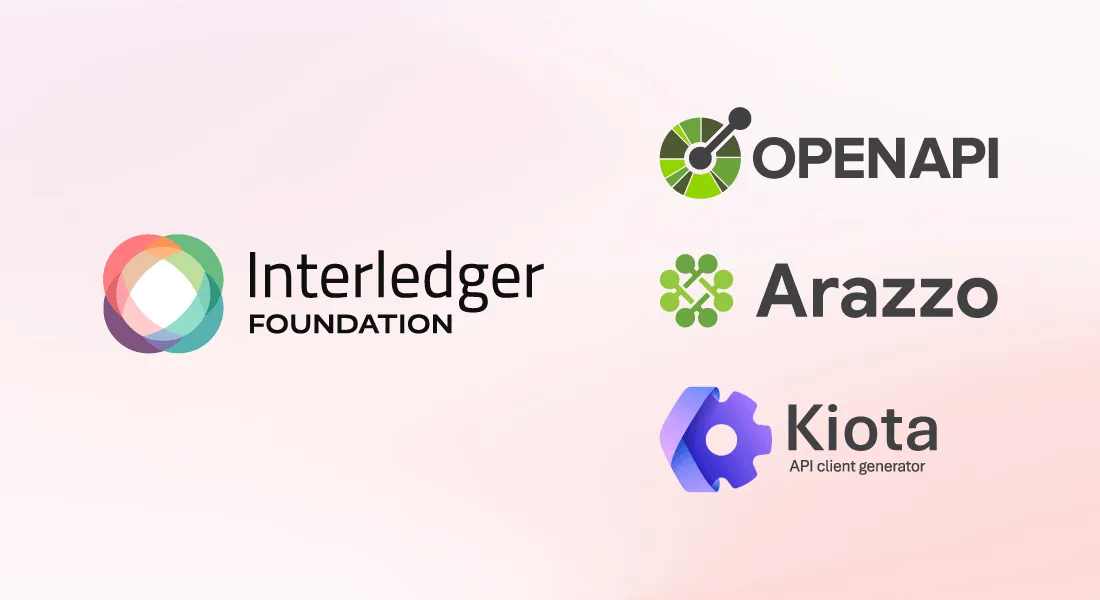 Interledger Foundation logo beside a vertical stack of the OpenAPI, Arazzo, and Kiota API client generator logos.