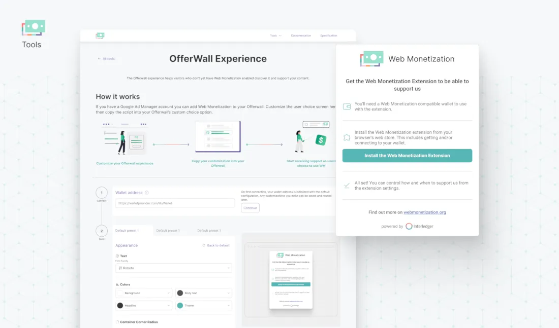 Screenshots showing the Web Monetization option integrated within Google Offerwall