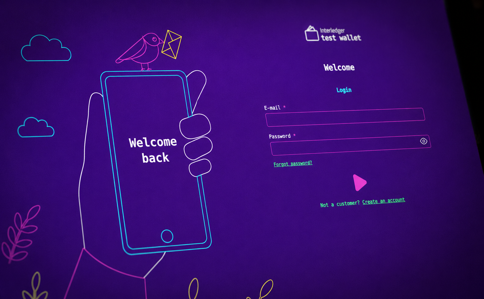 The Interledger test wallet login screen, with a Welcome back illustration on a purple background.